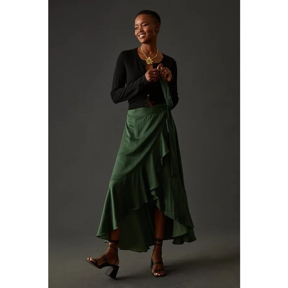 Anthropologie Maeve Ruffled Wrap Maxi Skirt in Green